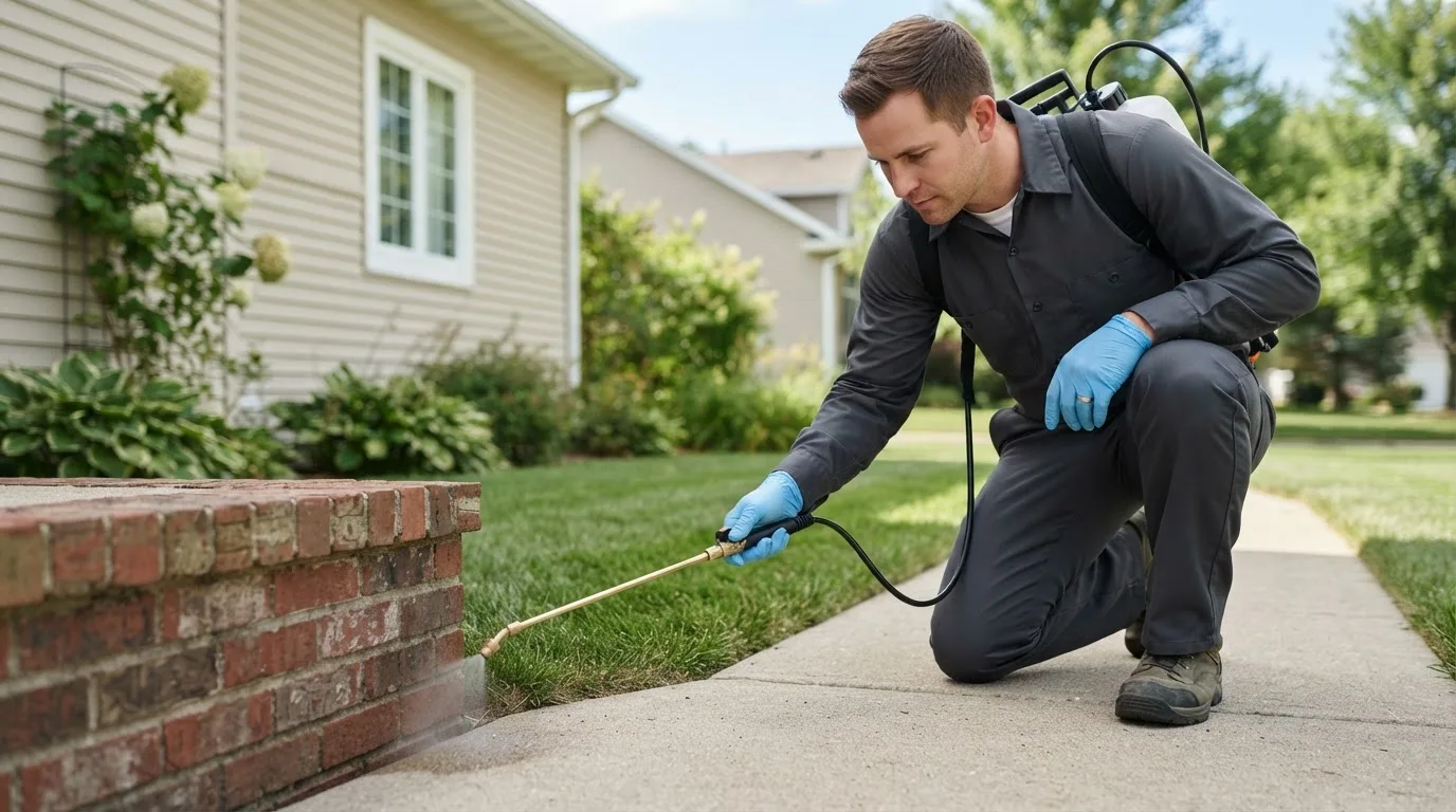 Pest control technician treating a home near Arriba, CO